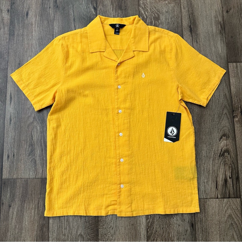 Volcom Short Sleeve 100% Cotton Button Up Shirt Men’s Size S Orange Yellow